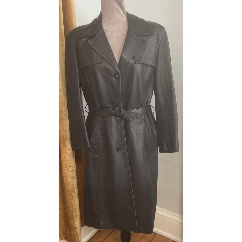 Vintage Y2k Women's Black Leather Trench Coat Belted Size Large Soft Supple